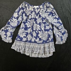 Fever Petite Ruffle Sleeve Blouse Floral Blue Women's Medium